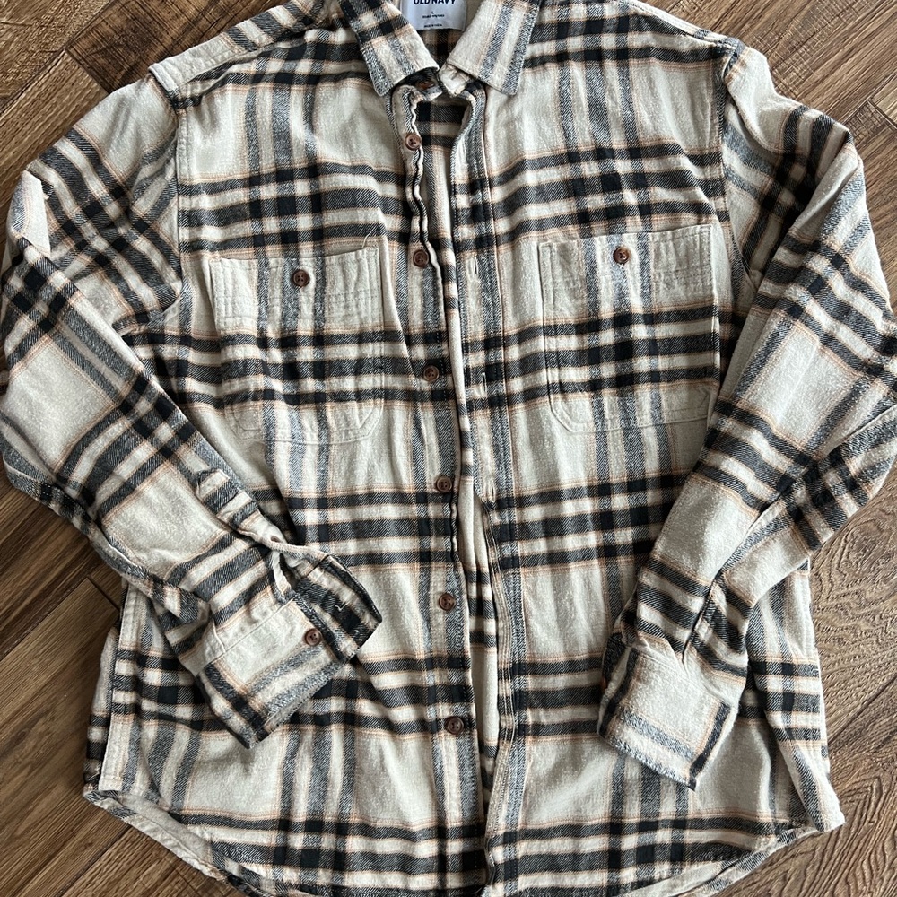 Perfect length neutral Flannel Grey and Cream Plaid Shirt